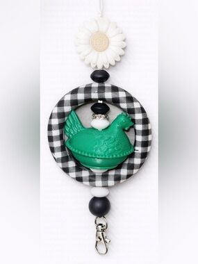 Green Hen Hanging Charm Keychain with Black & White Plaid Ring